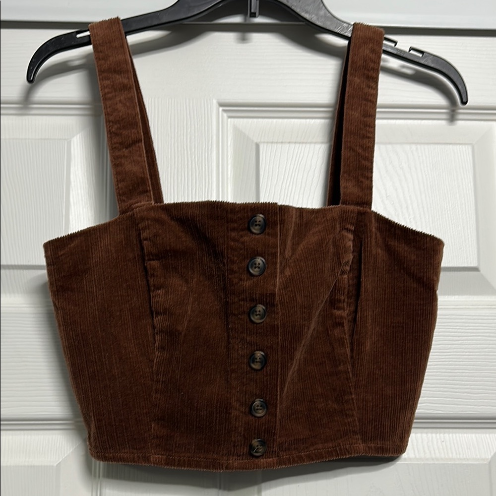 Brown Corduroy Button-Up Crop Top